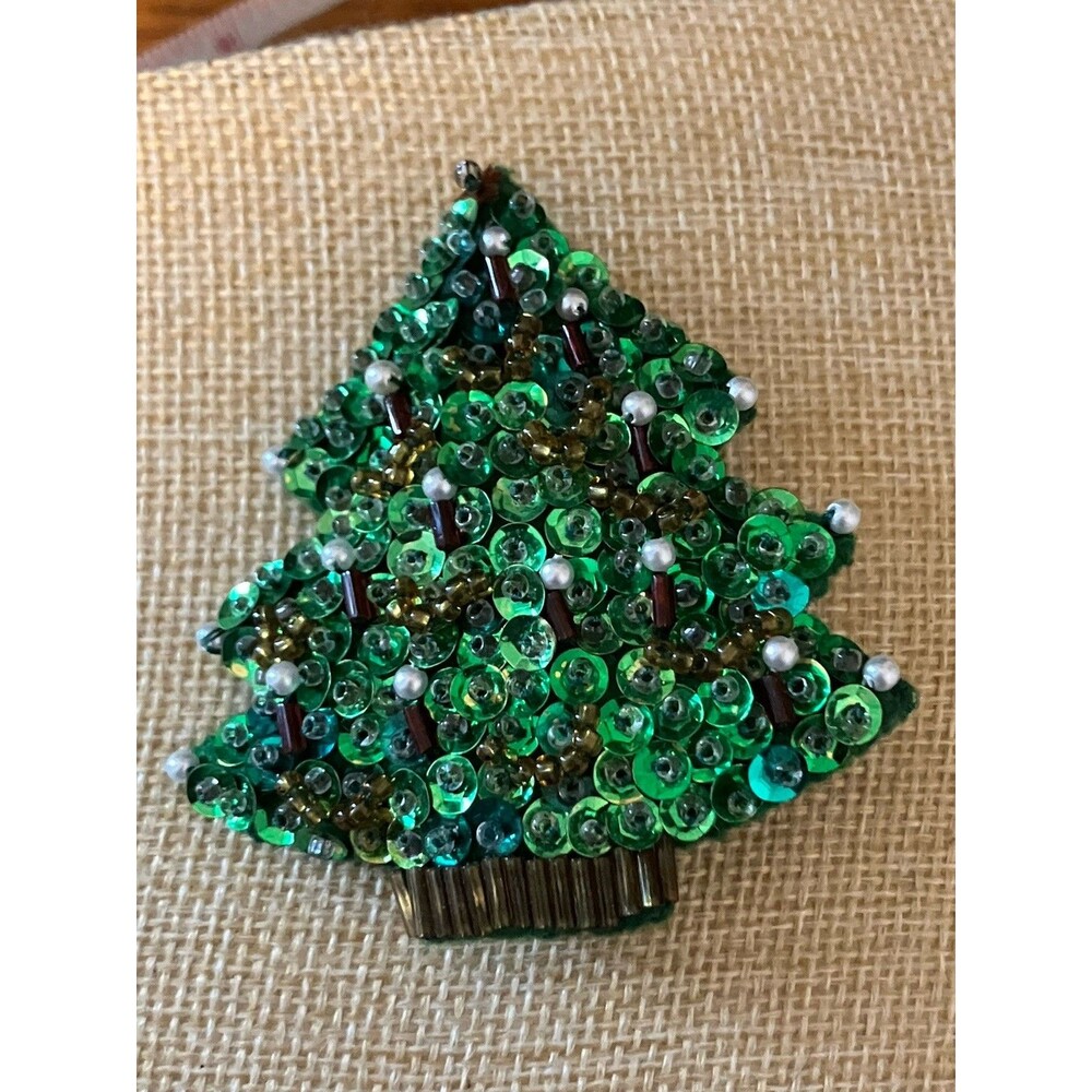 Bead & Sequin Embroidered Christmas Tree Pin Brooch Hand crafted 3"
